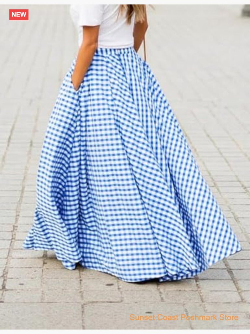 Gingham Maxi Skirt High Waist Pleated A Line Flowy Long Summer - Picture 4 of 7